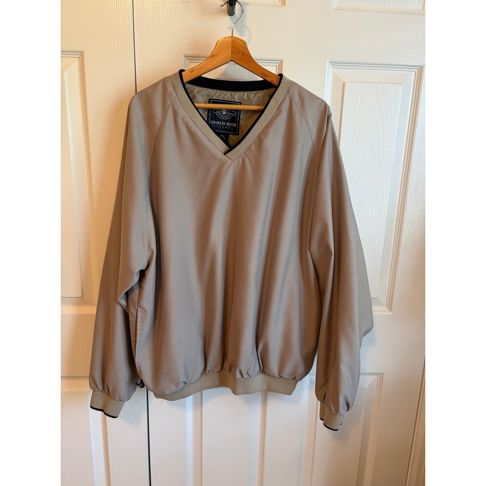Charles River Apparel Mens Large Tan V-Neck Pullover Windshirt Side Pockets